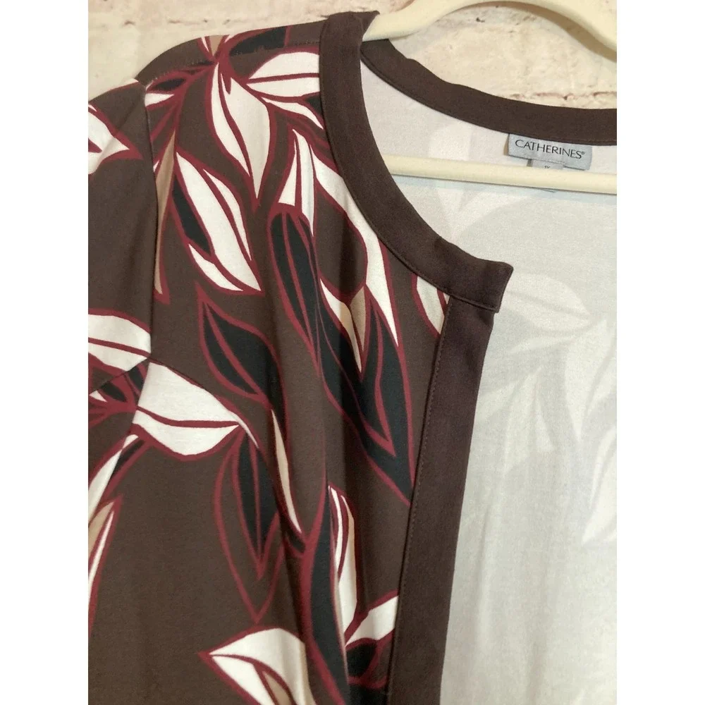 Catherines Jacket Womens 1X Dark Chocolate Tropical Florals Long Line Open Front
